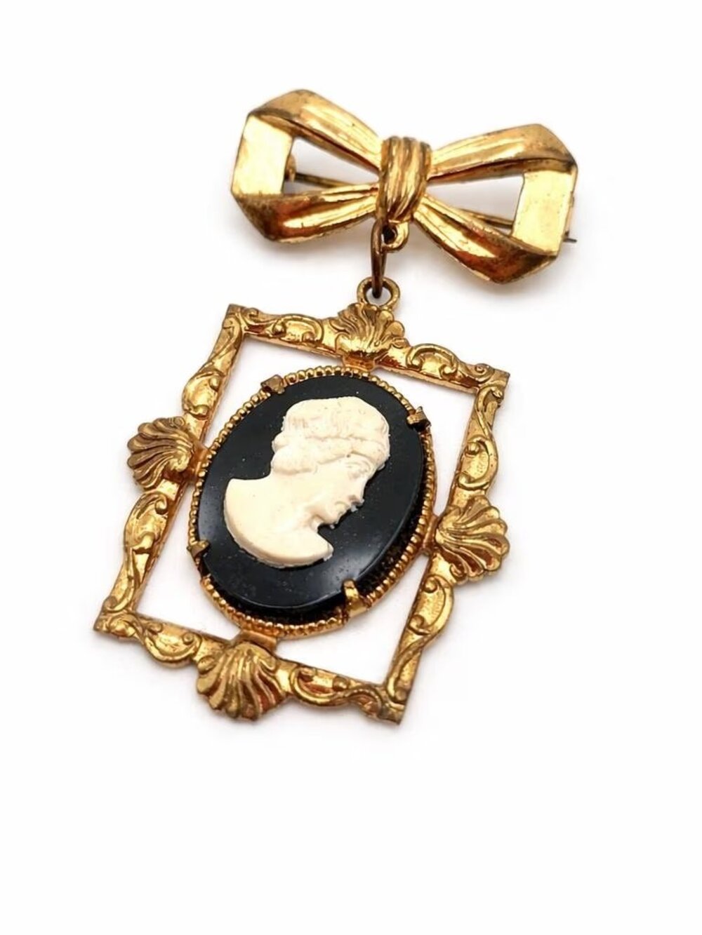 Vintage 1940s Cameo Dangle Brooch Gold Tone Bow Pin Victorian Revival